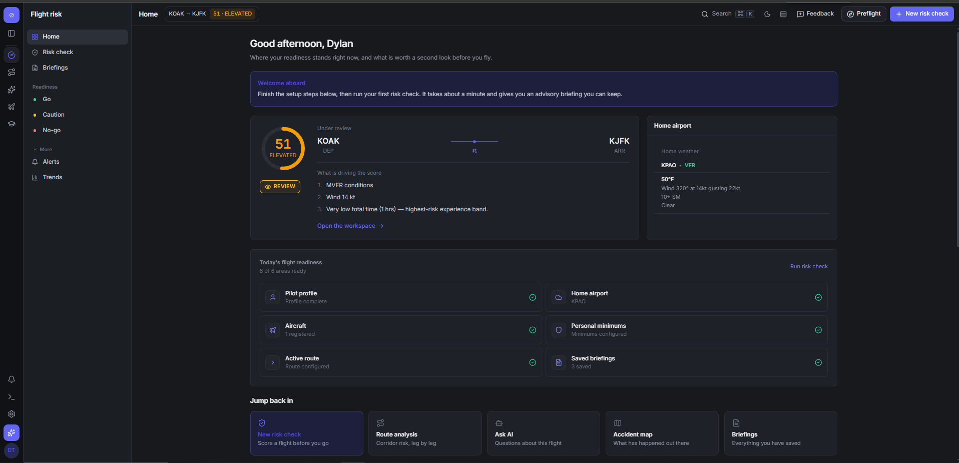 The Avi Margin home dashboard: an elevated risk score of 51 for a KOAK to KJFK flight, the factors driving it, six readiness areas all green, and home airport weather